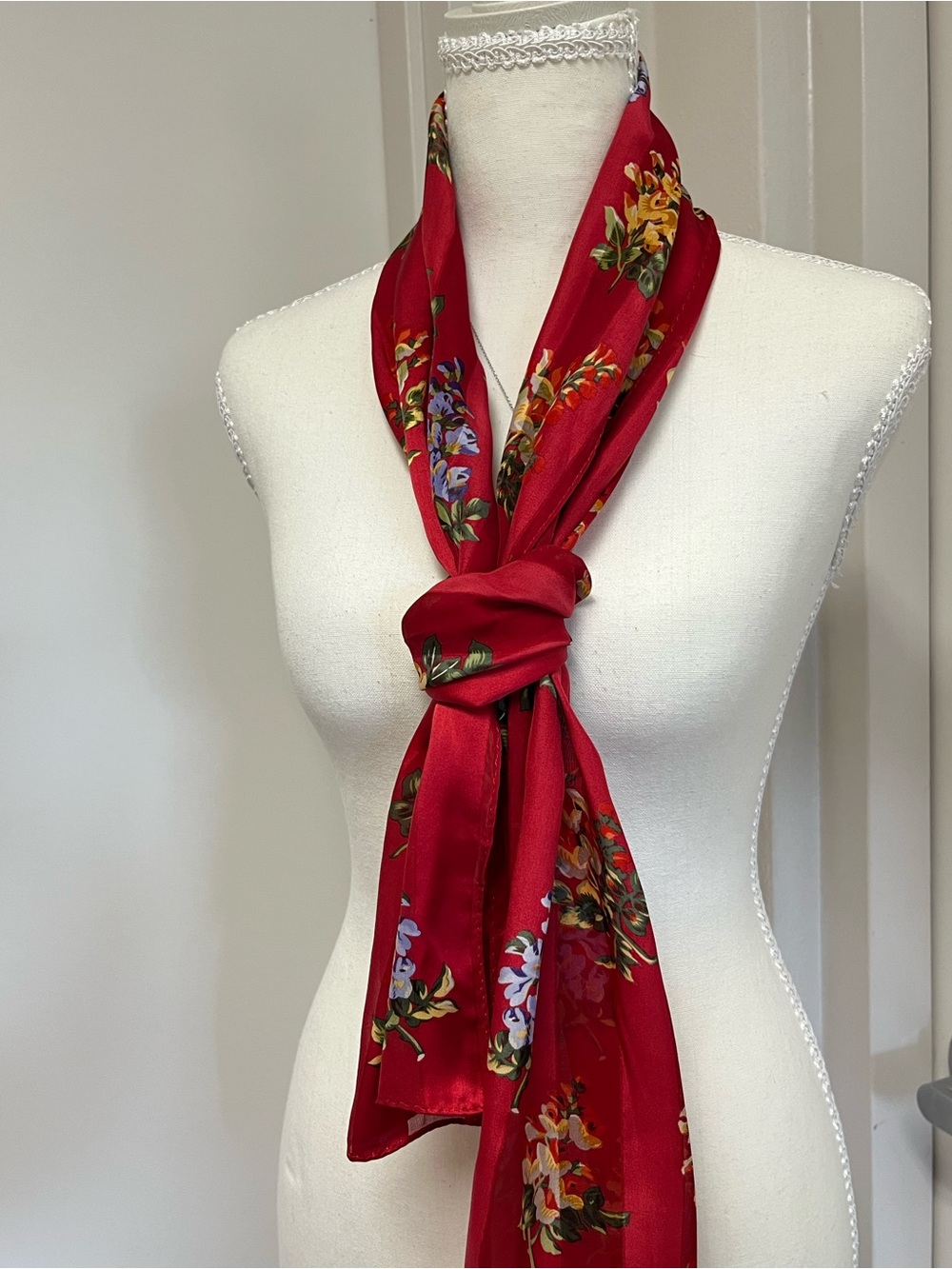 Floral Red Satin Scarf - Elegant Women's Accessory